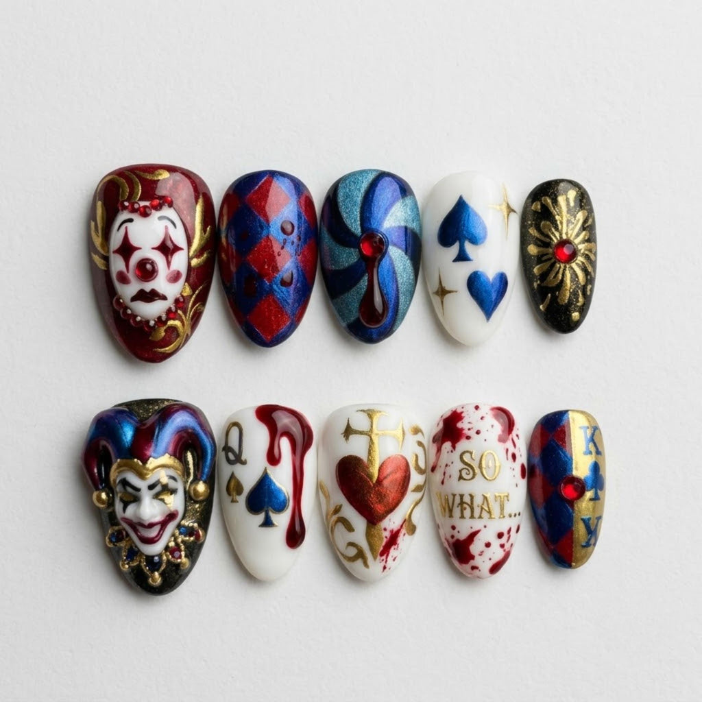 Handmade Creepy Circus Press On Nails | Jester Harlequin Card Nail Art | Gothic Bloody Mismatched Fake Nails