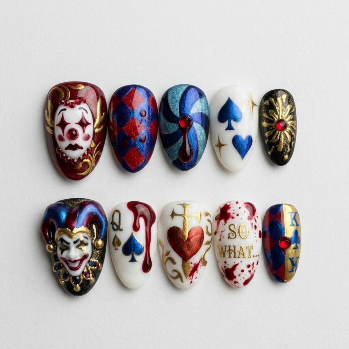 Handmade Creepy Circus Press On Nails | Jester Harlequin Card Nail Art | Gothic Bloody Mismatched Fake Nails