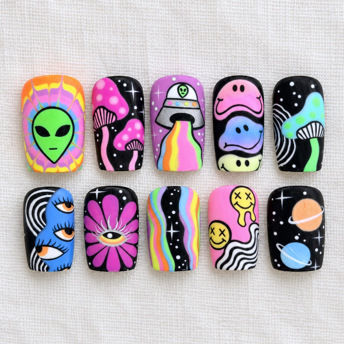 Psychedelic Press On Nails, Trippy Alien Mushroom Rainbow Nail Art