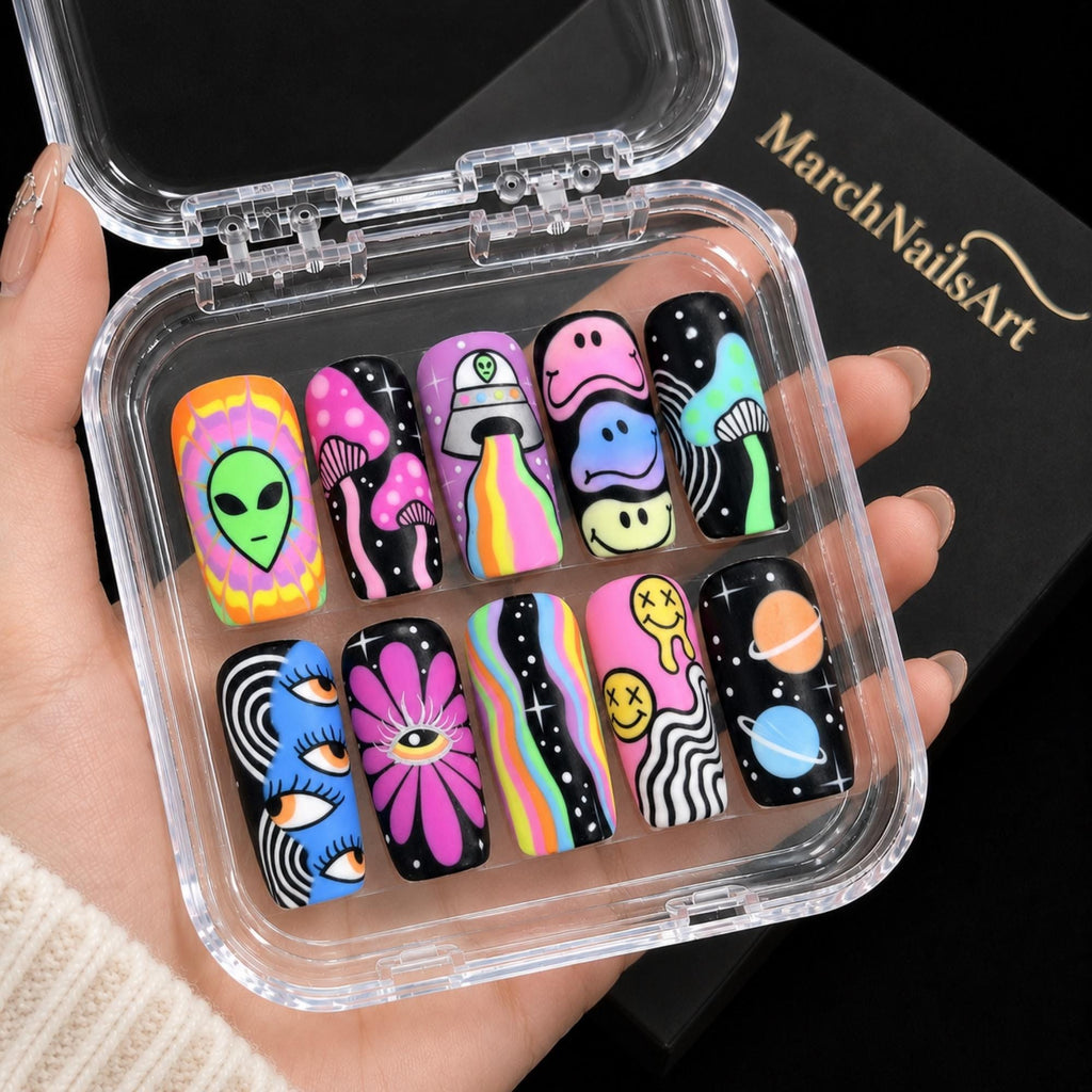 Psychedelic Press On Nails, Trippy Alien Mushroom Rainbow Nail Art