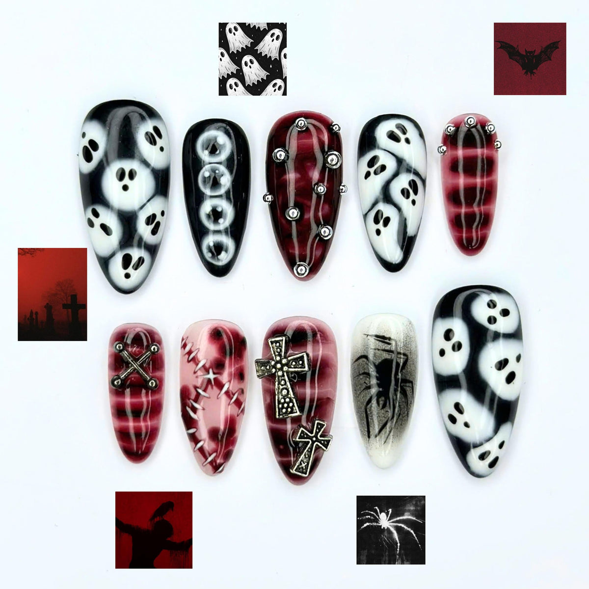 Halloween Press On Nails | Ghost Spider Web Nails | Red Black Gothic Cross | Spooky 3D Nail Art | JB680UC