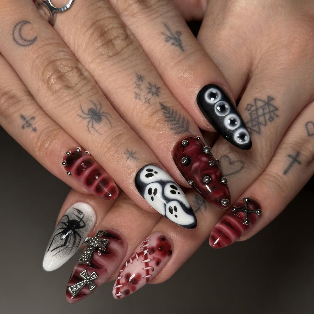 Halloween Press On Nails | Ghost Spider Web Nails | Red Black Gothic Cross | Spooky 3D Nail Art | JB680UC