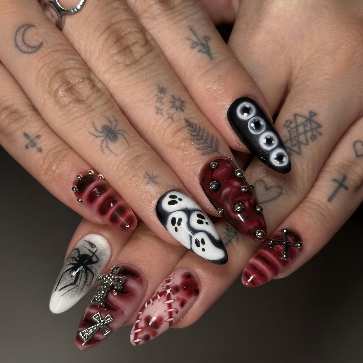 Halloween Press On Nails | Ghost Spider Web Nails | Red Black Gothic Cross | Spooky 3D Nail Art | JB680UC