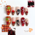 Cute Fall Press On Nails with Black Cat & Cherry | 3D Bow Autumn Nails | Red Plaid Handmade Nail Set | JB666U