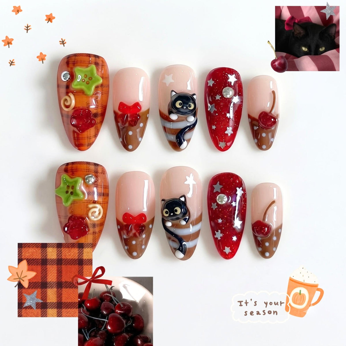 Cute Fall Press On Nails with Black Cat & Cherry | 3D Bow Autumn Nails | Red Plaid Handmade Nail Set | JB666U