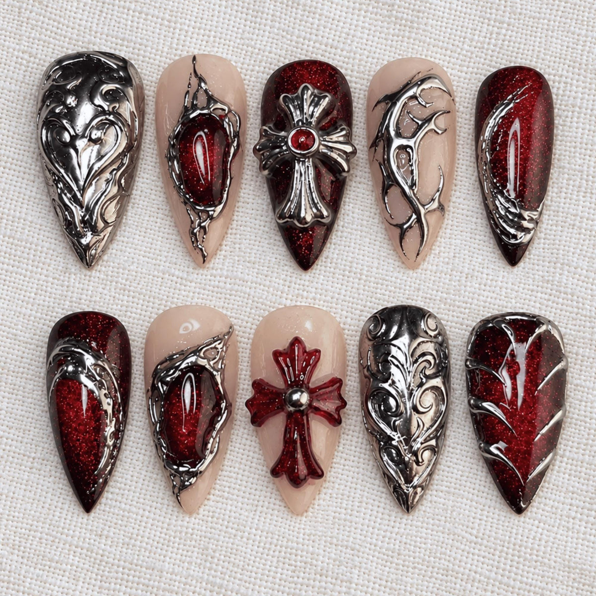 Red Silver Chrome Press On Nails, 3D Goth Cross Nails, Handmade Dark Vampire Nails