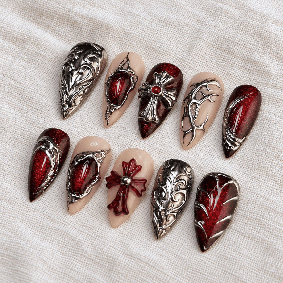 Red Silver Chrome Press On Nails, 3D Goth Cross Nails, Handmade Dark Vampire Nails