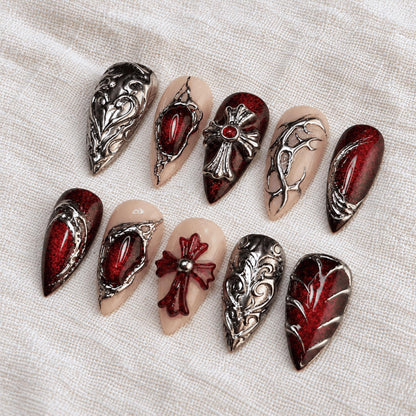 Red Silver Chrome Press On Nails, 3D Goth Cross Nails, Handmade Dark Vampire Nails