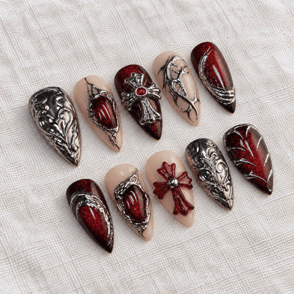 Red Silver Chrome Press On Nails, 3D Goth Cross Nails, Handmade Dark Vampire Nails