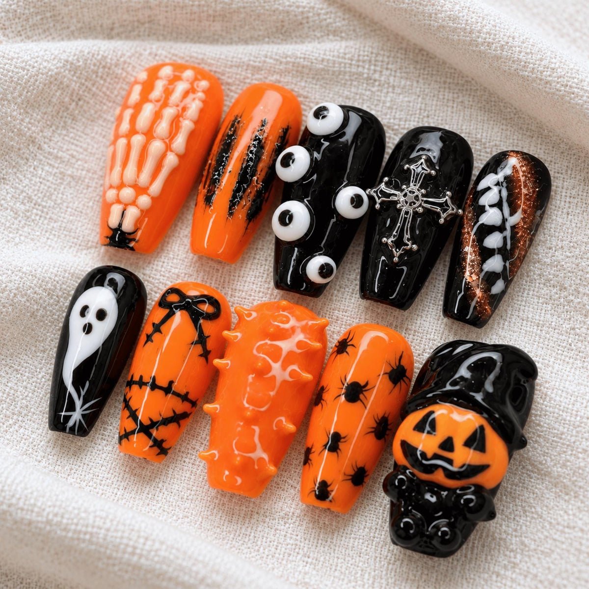 3D Pumpkin Halloween Press On Nails, Orange Black Ghost Spider Nails, Spooky Gothic Cosplay Nails