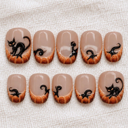 Black Cat Halloween Press On Nails, 3D Spooky Pumpkin Nail Art, Handmade Cute Short Nails