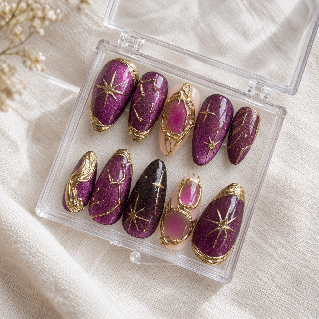 Purple Cat Eye Press On Nails, Gold Celestial Star Constellation Nails