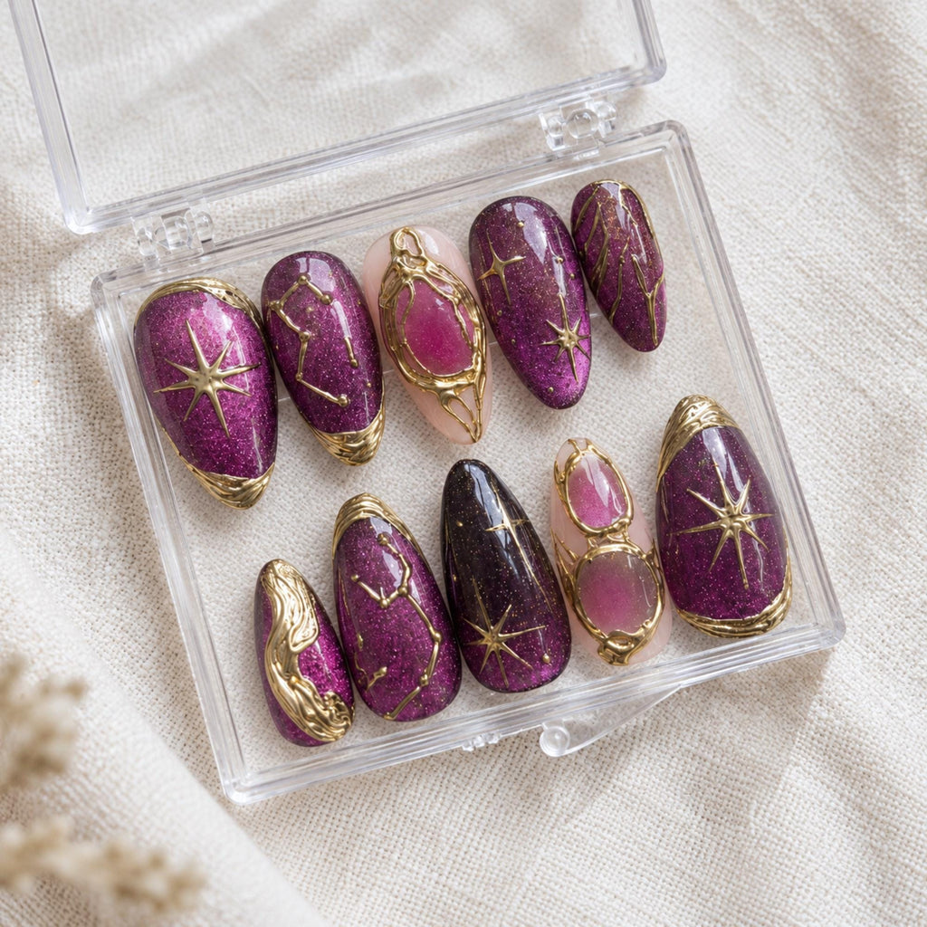 Purple Cat Eye Press On Nails, Gold Celestial Star Constellation Nails
