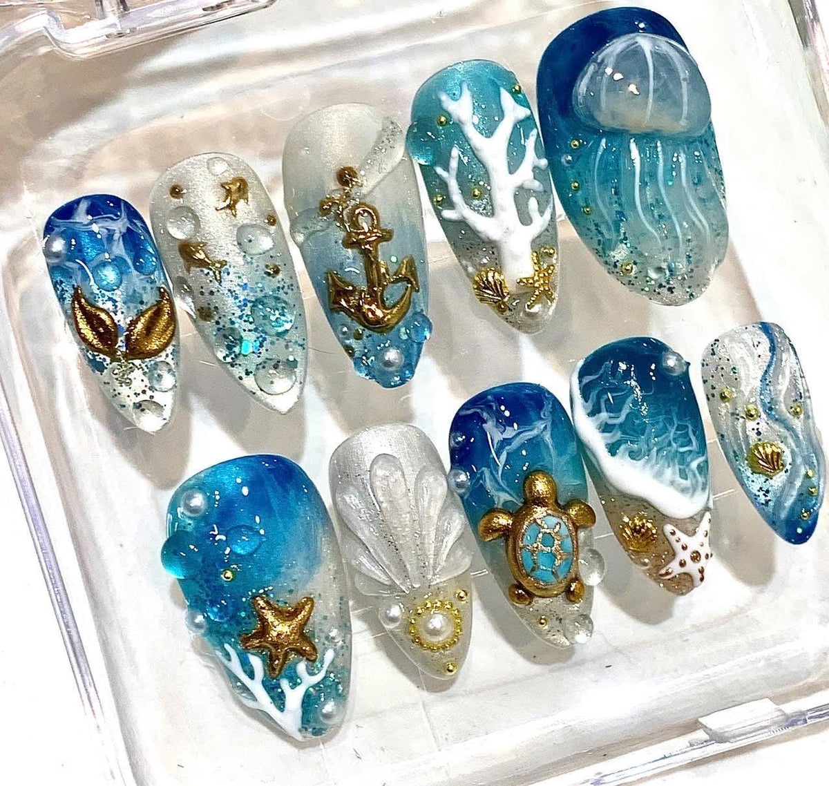 3D Ocean Press-On Nails, Blue Sea Turtle, Starfish, Coral, Mermaid (Reusable Set)