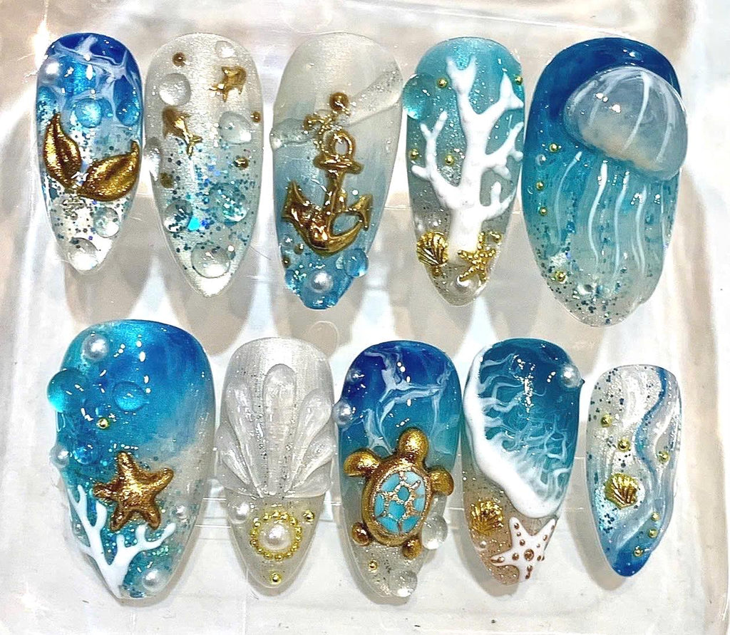 3D Ocean Press-On Nails, Blue Sea Turtle, Starfish, Coral, Mermaid (Reusable Set)