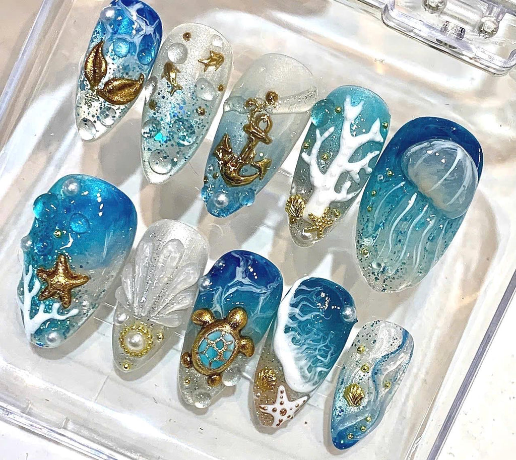 3D Ocean Press-On Nails, Blue Sea Turtle, Starfish, Coral, Mermaid (Reusable Set)