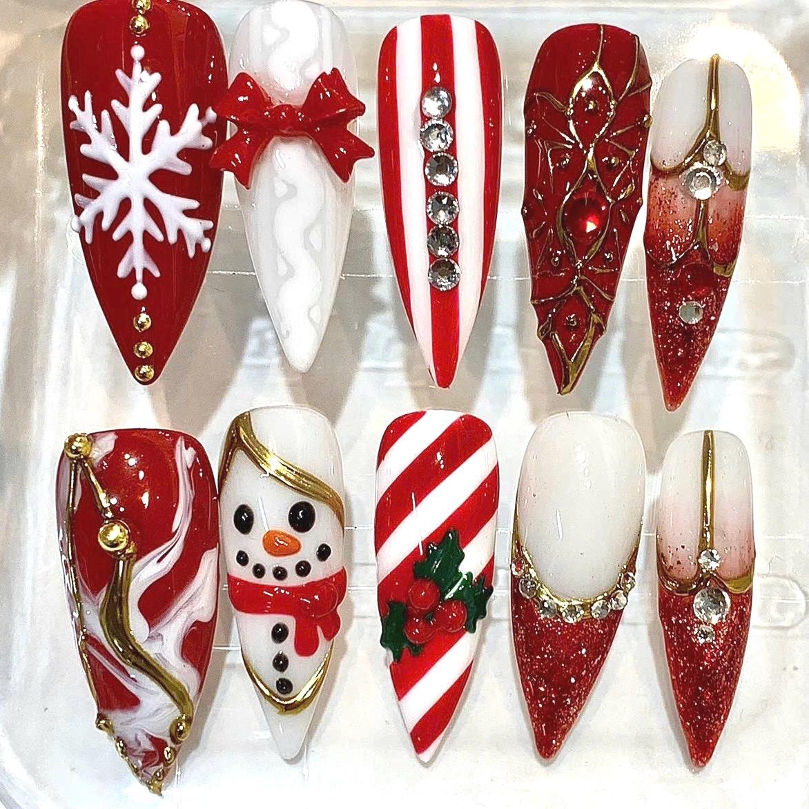 Red Christmas Press-On Nails, Snowflake, Candy Cane, Glitter Bow Set