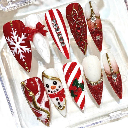 Red Christmas Press-On Nails, Snowflake, Candy Cane, Glitter Bow Set