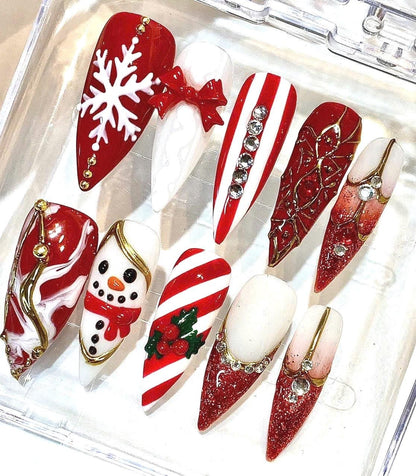 Red Christmas Press-On Nails, Snowflake, Candy Cane, Glitter Bow Set