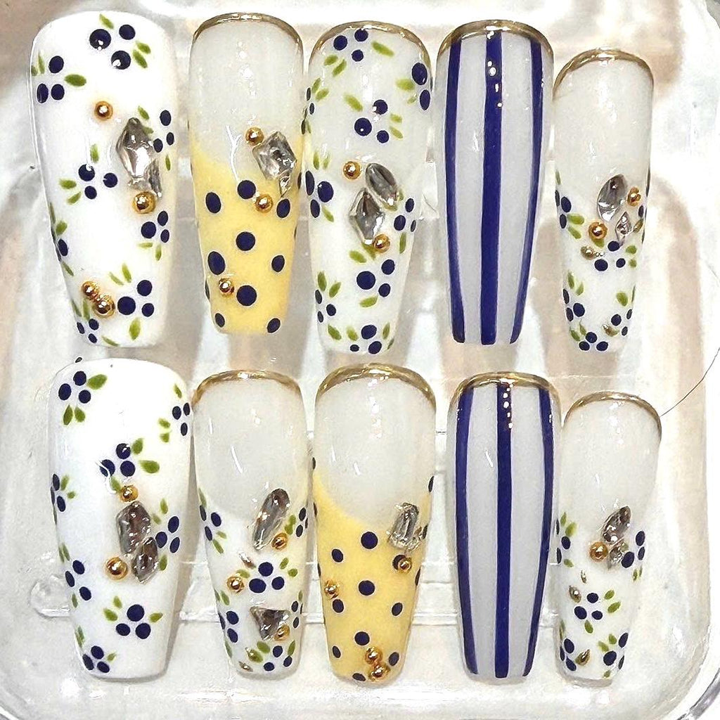 Floral Press-On Nails, Blue Floral, Navy Striped, Rhinestone Gold (Reusable Set)