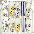 Floral Press-On Nails, Blue Floral, Navy Striped, Rhinestone Gold (Reusable Set)