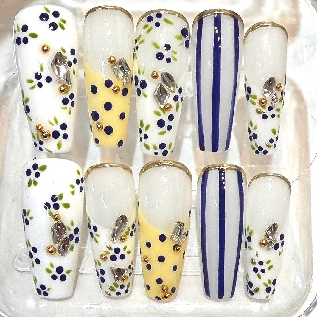 Floral Press-On Nails, Blue Floral, Navy Striped, Rhinestone Gold (Reusable Set)