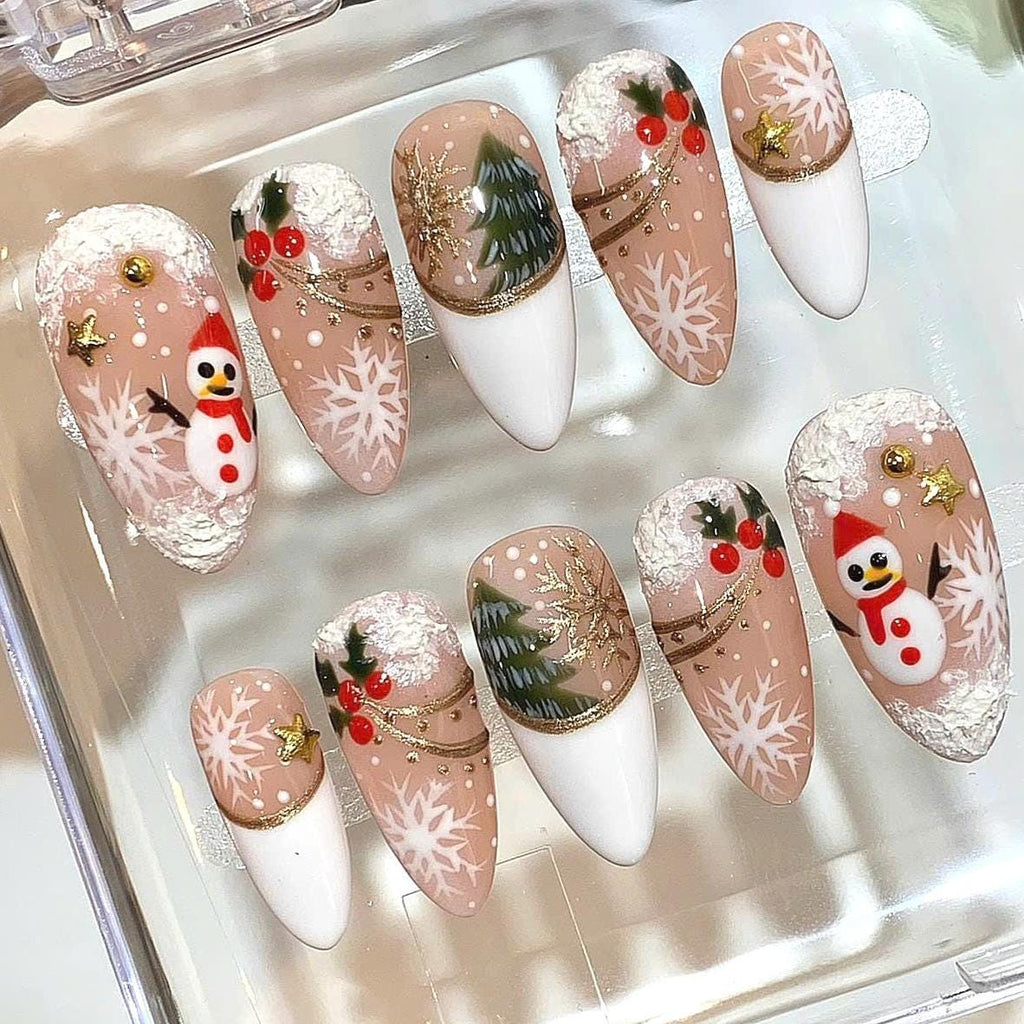3D Snowman Christmas Press On Nails: Handmade Holiday Nail Set