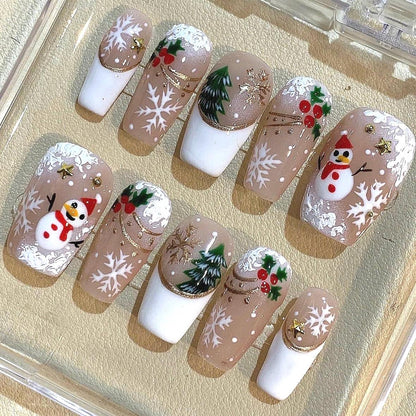 3D Snowman Christmas Press On Nails: Handmade Holiday Nail Set
