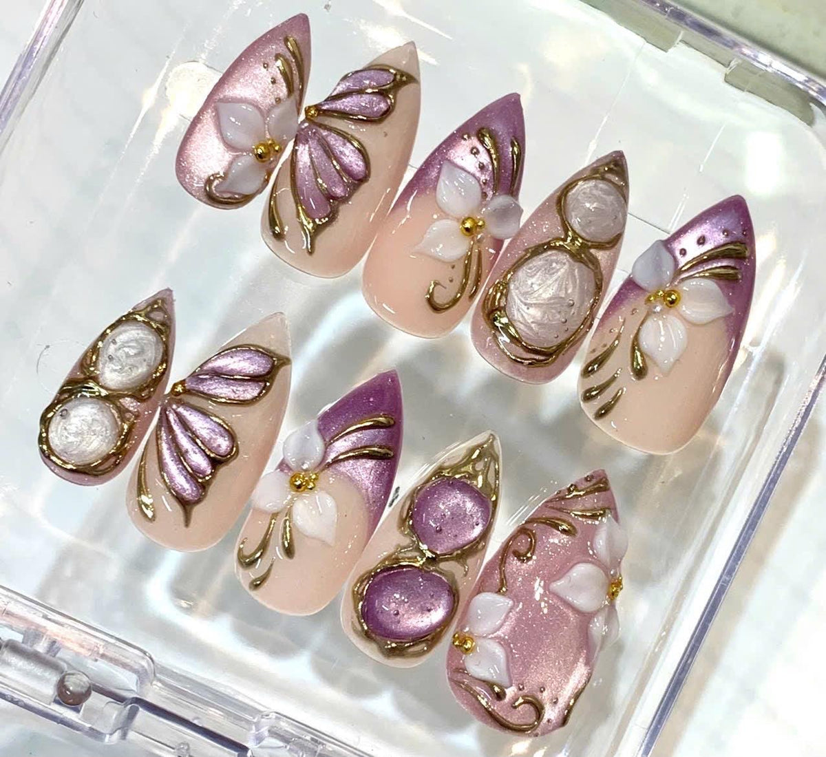 Lavender Floral Press-On Nails, 3D Butterfly, Pearl Shimmer, Gold Accents