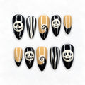 Halloween Press On Nails, Skeleton Face Nails, Black White Striped Nails, Spooky Almond Press Ons, Halloween Nail Art , JC673UI
