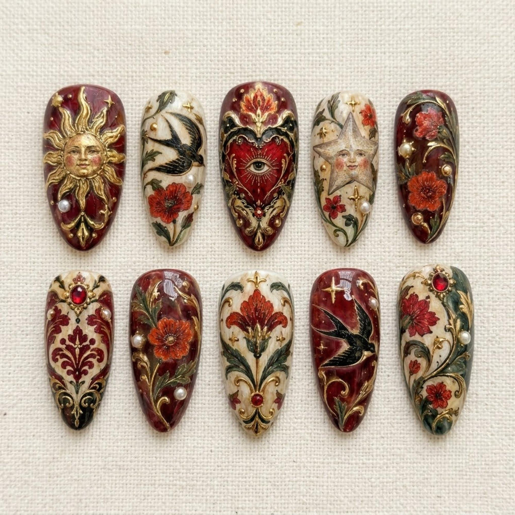 Handmade Sacred Heart Press On Nails | Vintage Celestial Art | Baroque Burgundy Almond Nails | Swallow Floral Nail | Sun Star Pearl Nail