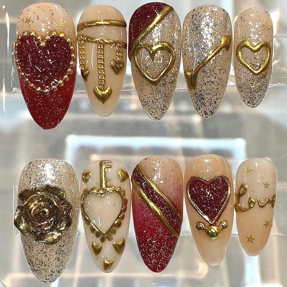 Valentine Press On Nails | Red Heart Nude Nails | Luxury Handmade Nail Set
