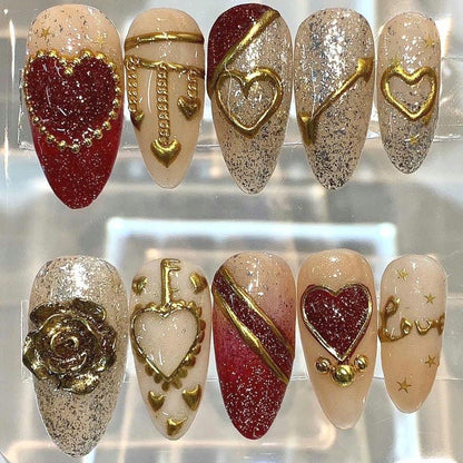 Valentine Press On Nails | Red Heart Nude Nails | Luxury Handmade Nail Set