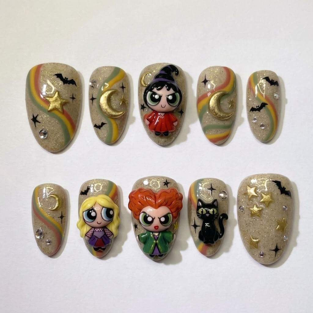 Handmade Powerpuff Girls Halloween Press On Nails | Cute Witchy Cartoon Theme | 3D Character Short Nails | Moon Bat Cat & Star Nail Art