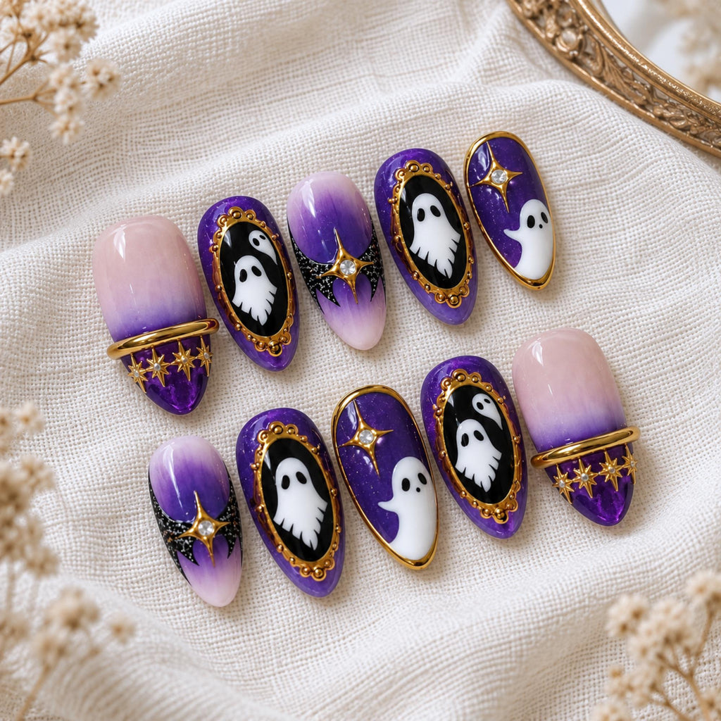 Halloween Ghost Press On Nails, Purple Ombre Nails, Gothic Gold Nail Art