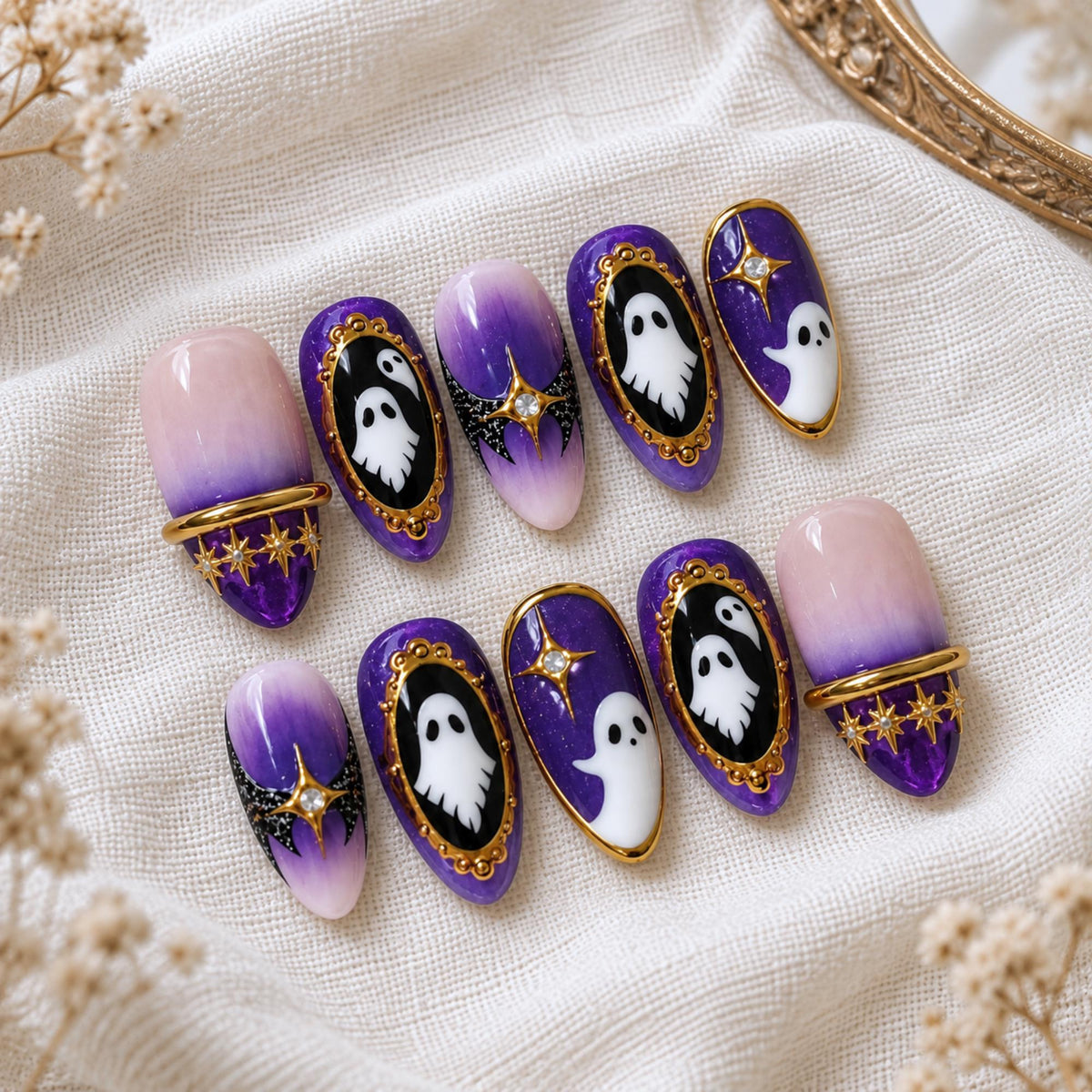 Halloween Ghost Press On Nails, Purple Ombre Nails, Gothic Gold Nail Art