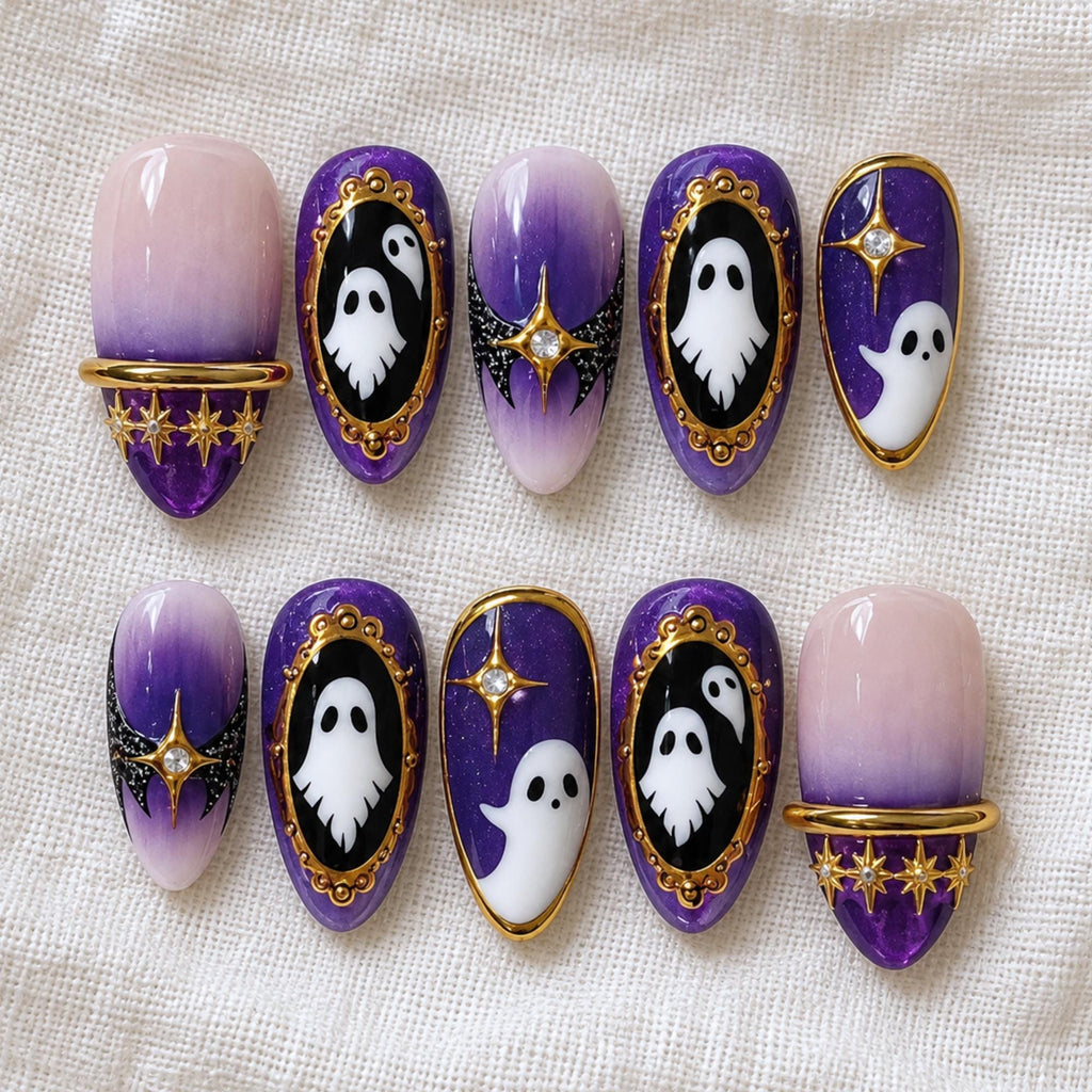 Halloween Ghost Press On Nails, Purple Ombre Nails, Gothic Gold Nail Art