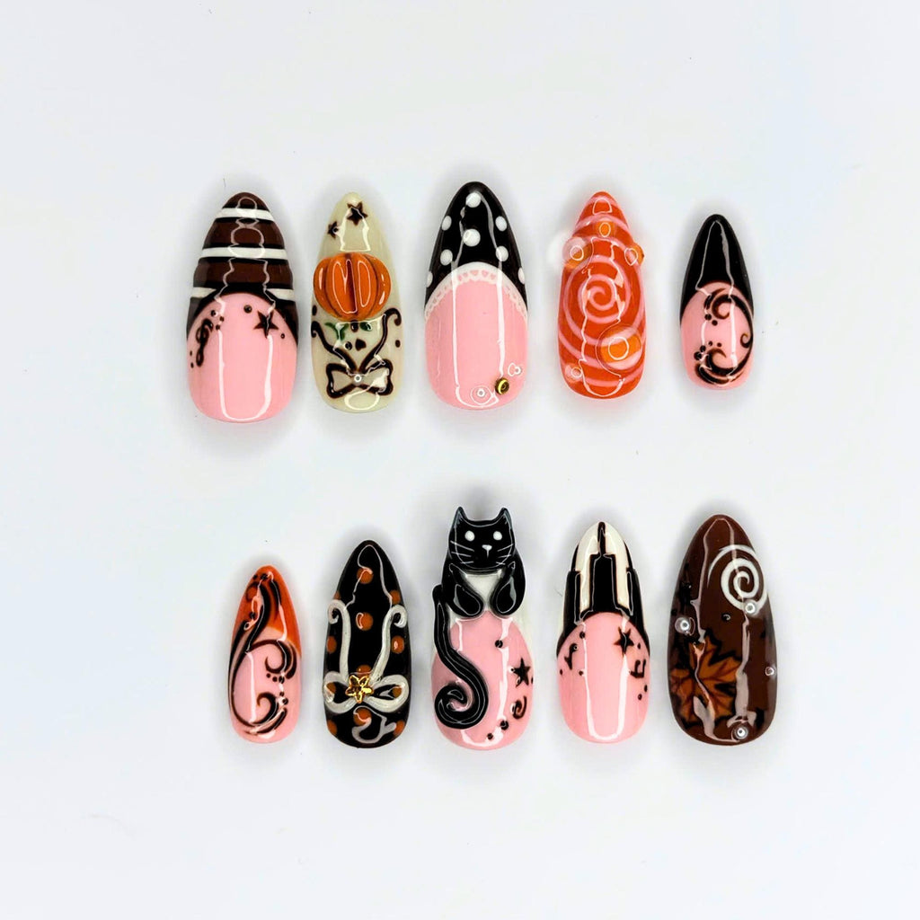 Handmade Autumn Black Cat Press-On Nails | Pumpkin Art, Fall Leaves, Halloween (JB485UI)