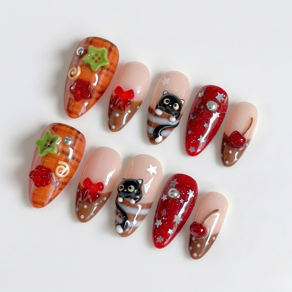 Cute Fall Press On Nails with Black Cat & Cherry | 3D Bow Autumn Nails | Red Plaid Handmade Nail Set | JB666U