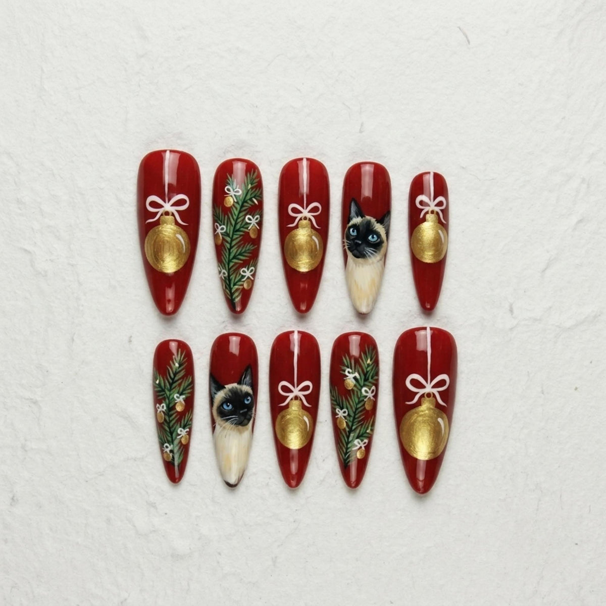 Christmas Cat Press On Nails with Gold Ornaments, Pine Branches | Red Almond Fake Nails | Handmade Elegant Holiday Nails