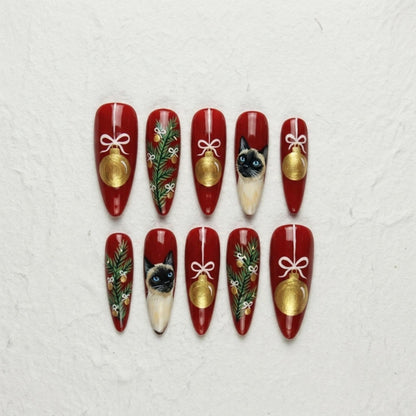 Christmas Cat Press On Nails with Gold Ornaments, Pine Branches | Red Almond Fake Nails | Handmade Elegant Holiday Nails