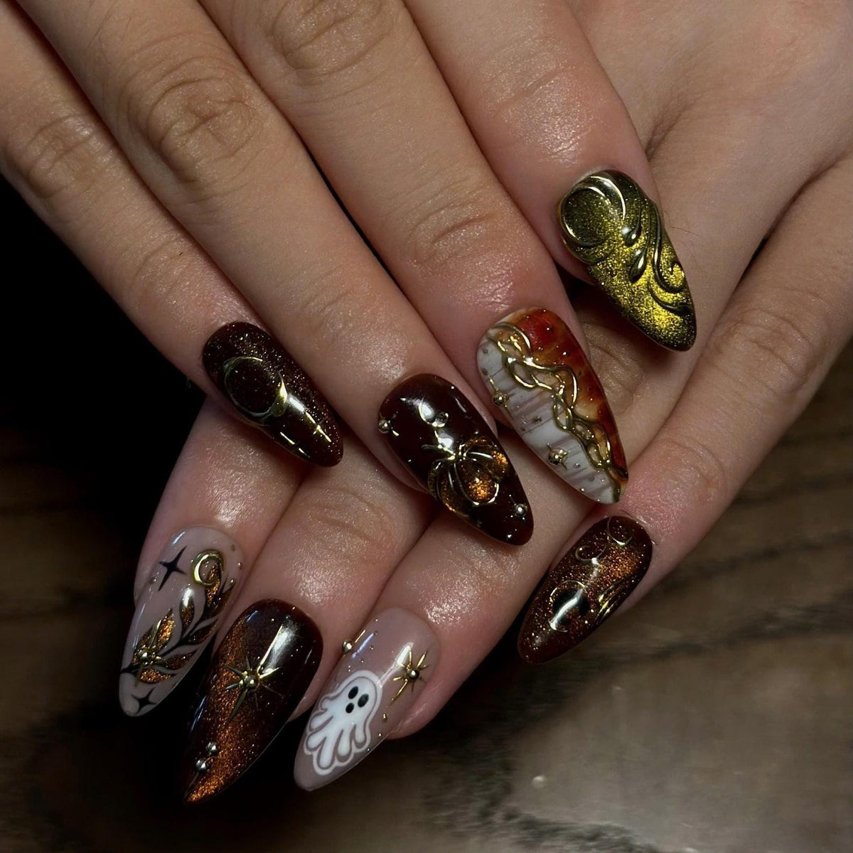 Halloween Press On Nails, Spooky Ghost Nail Art, Brown Gold Witchy Nails, Dark Celestial 3D Nails, Mystical Fall Nails, JC670UC
