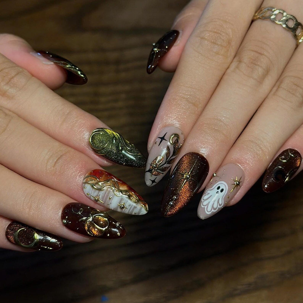 Halloween Press On Nails, Spooky Ghost Nail Art, Brown Gold Witchy Nails, Dark Celestial 3D Nails, Mystical Fall Nails, JC670UC