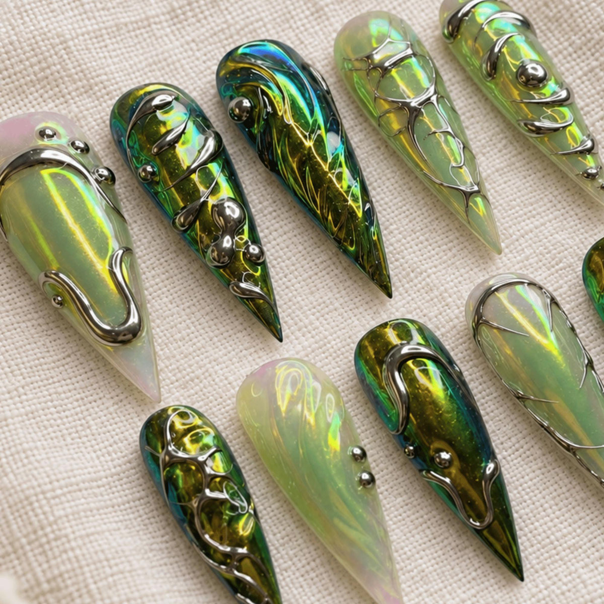 Green Chrome Press On Nails, 3D Silver Alien Nails, Iridescent Futuristic Stiletto Nails