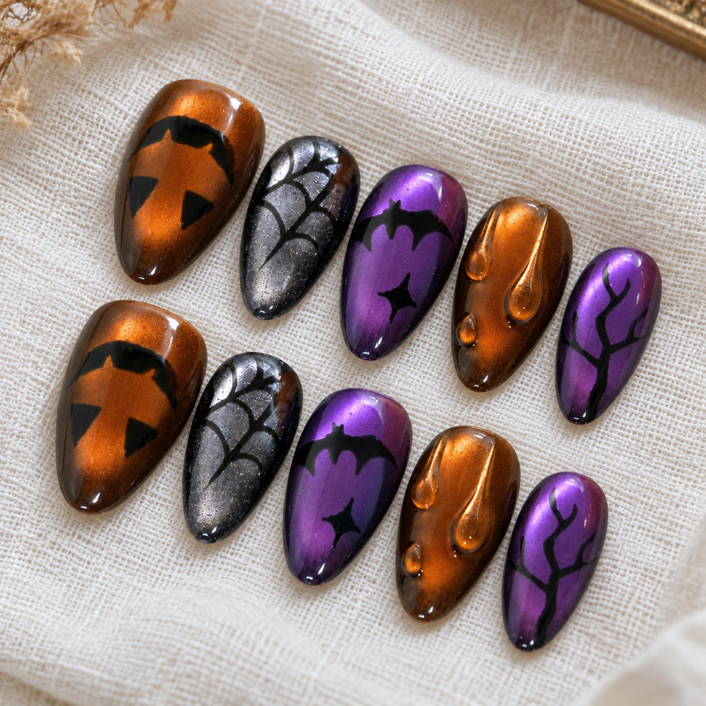 Spooky Halloween Press On Nails, Cat Eye Pumpkin Nail Art, Purple Orange Nails