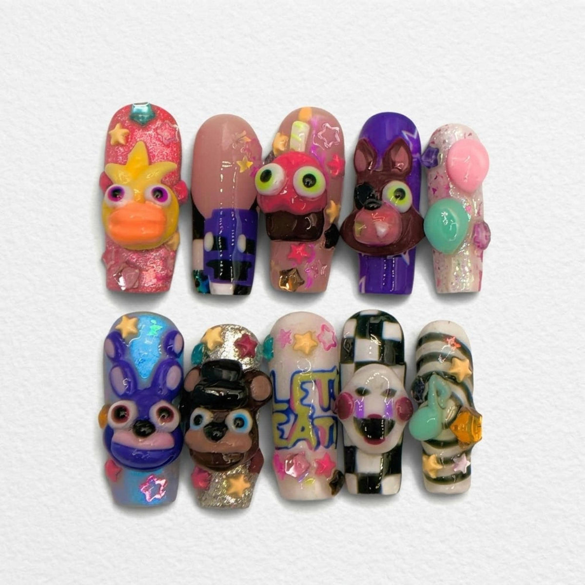 Handmade FNAF Press On Nails, 3D Freddy Bonnie Chica Fake Nails, Horror Game Character Glue On Nails, Kawaii Gamer False Nails