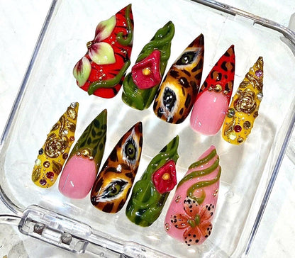 Garden Press-On Nails, Jungle Animal Print, 3D Floral, Pink Green Gold (Reusable)
