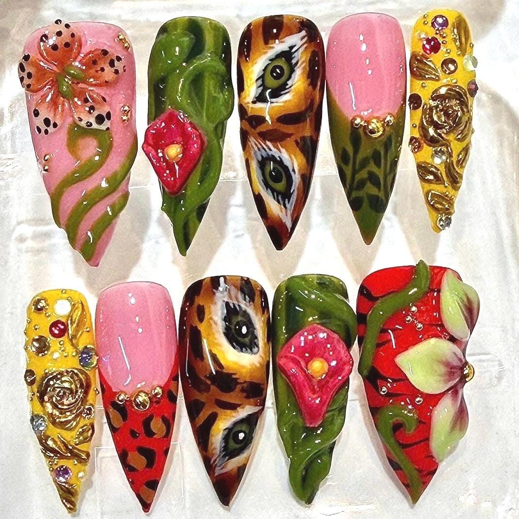Garden Press-On Nails, Jungle Animal Print, 3D Floral, Pink Green Gold (Reusable)