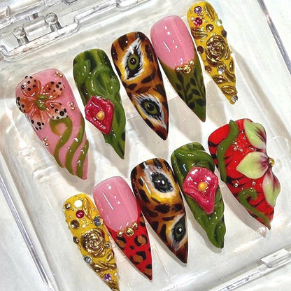 Garden Press-On Nails, Jungle Animal Print, 3D Floral, Pink Green Gold (Reusable)