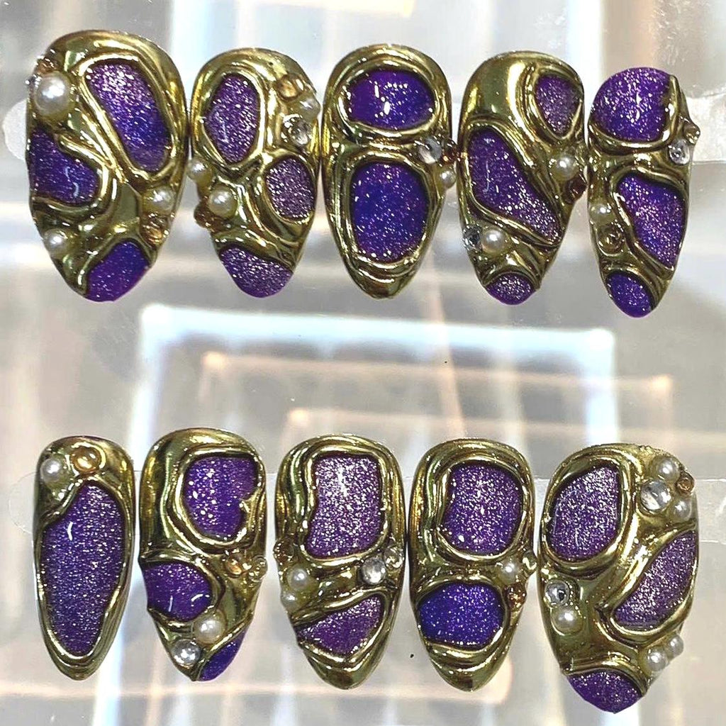Purple Gold Press On Nails | Luxury 3D Metal Nails | Handmade Royal Nail Set